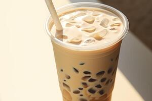 AI generated Bubble milk tea with tapioca pearls in cafe. AI generated photo