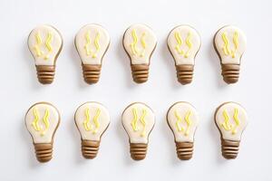 AI generated Creative idea concept. Top view light bulbs cookies on white background. AI generated photo