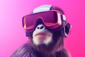 AI generated Futuristic portrait of monkey in virtual reality glasses. AI generated photo