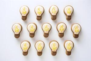AI generated Creative idea concept. Top view light bulbs cookies on white background. AI generated photo