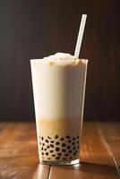 AI generated Bubble milk tea with tapioca pearls in cafe. AI generated photo