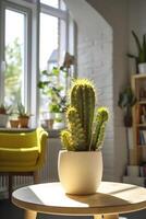 AI generated Cactus in a pot in the interior of the living room with window. AI generated photo