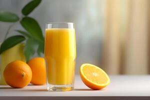 AI generated Glass of Orange Juice With Orange Slice. Copy space background. Generative AI photo