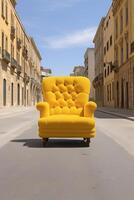 AI generated Yellow Chair in Middle of Street. Surreal scene. AI generated photo