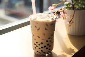 AI generated Bubble milk tea with tapioca pearls in cafe. AI generated photo