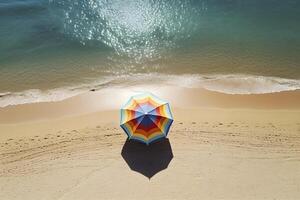 AI generated Colorful sunshade umbrella on an empty beach by the ocean. Aerial view. AI generated photo