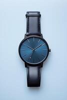 AI generated Black stylish Watch on Blue Background. Generative AI photo