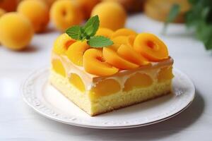 AI generated Piece of Cake with apricot on White Plate. Generative AI photo