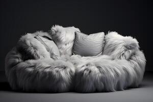 AI generated Furry sofa with a pillows in dark room. Generative AI photo