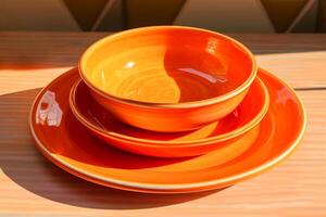 AI generated Stack of Orange Bowls on Wooden Table. Generative AI photo