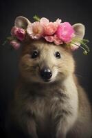 ai generado quokka vistiendo flor corona foto