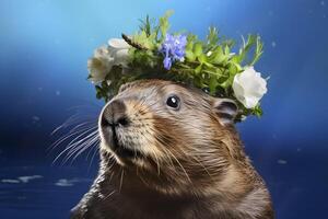 AI generated Beaver Wearing Flower Wreath photo