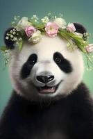 ai generado panda oso vistiendo flor corona foto