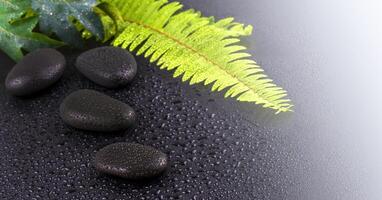 stacked wet spa stone with green leaf on sunlighe with selective focus photo