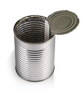 Opened empty iron chrome tin can on a white background. Aluminum trash on insulation. photo