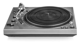 Old dusty vinyl turntable player isolated over white background with clipping path photo