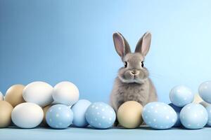 AI generated Gray rabbit with blue Easter eggs. Copy space background. AI generated photo