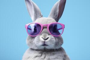 AI generated Portrait of a fashionable rabbit wearing pink sunglasses on blue background. AI generated photo