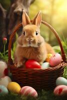 AI generated Cute brown rabbit with colorful Easter eggs in basket in sunlight - Easter card. AI generated photo