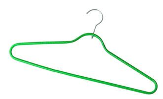 Green plastic empty hanger with a hook on a white background photo