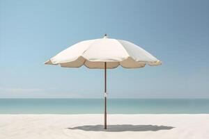 AI generated White parasol on the beach with white sand against the backdrop of the blue sea and sky. Minimalistic landscape. AI generated photo