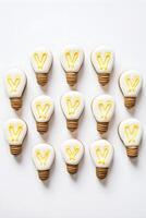 AI generated Creative idea concept. Top view light bulbs cookies on white background. AI generated photo