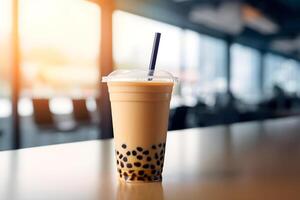 AI generated Bubble milk tea with tapioca pearls in cafe. AI generated photo