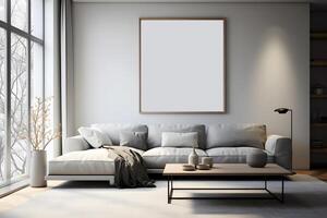 AI generated Frame on the wall mock up. Living room with modern couch. Generative AI photo