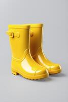 AI generated Yellow Rain Boots on Gray Background. AI generated photo