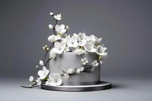 AI generated Cake topped with delicate white flowers. Generative AI photo