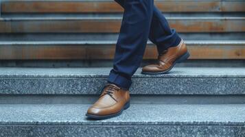 AI generated Close-Up Side View of a Business Person's Legs and Shoes Walking Up a Flight of Steps photo