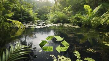 AI generated Pond with a recycling symbol photo