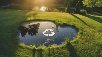 AI generated Abstract Icon Signifying the Ecological Imperative to Recycle and Reuse, Illustrated as a Pond with a Recycling Symbol Amidst a Pristine Jungle Landscape photo