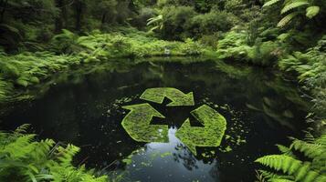 AI generated Abstract Icon Signifying the Ecological Imperative to Recycle and Reuse, Illustrated as a Pond with a Recycling Symbol Amidst a Pristine Jungle Landscape photo