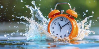 AI generated Time Frozen in a Banner with Copy Space, Suspended Moment, Analog Clock Captured in a Crystal-Clear Water Splash, photo