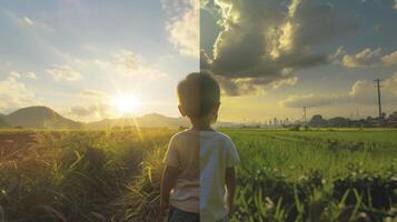 AI generated Climate Change Impact Visualized with a Child Contemplating Future Environmental Challenges, with a Lush Green Field Bathed in Sunshine. photo