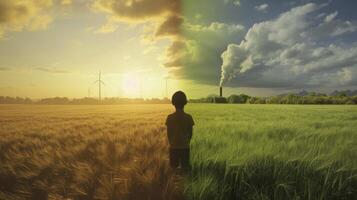 AI generated Climate Change Impact Visualized with a Child Contemplating Future Environmental Challenges, with a Lush Green Field Bathed in Sunshine. photo