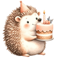 ai generato cartone animato animale acquerello con compleanno torta png