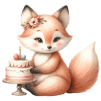 AI generated Cartoon animal watercolor with birthday cake png
