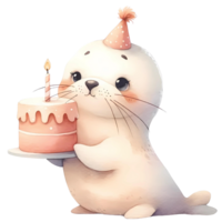 ai generado dibujos animados animal acuarela con cumpleaños pastel png