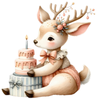 AI generated Cartoon animal watercolor with birthday cake png