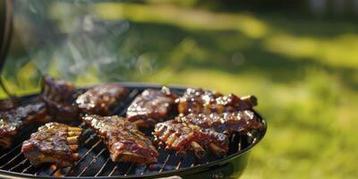 ai generado candente barbacoa costillas, de cerca de parilla parrilla con Agua en la boca costillas, antecedentes presentando un borroso verde césped. amplio espacio para texto en el lado. foto