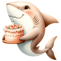 ai generato cartone animato animale acquerello con compleanno torta png