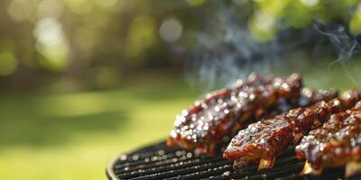 AI generated Sizzling BBQ Ribs, Close-Up of Barbecue Grill with Mouthwatering Ribs, Background Featuring a Blurry Green Lawn. Ample Space for Text on the Side. photo