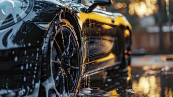 AI generated Close-Up of Professional Car Wash, Black Sports Car Being Shampooed for a Sparkling Clean Finish photo