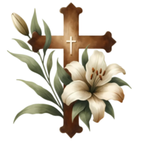AI generated Cross with lily watercolor clipart for Easter png
