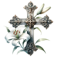 AI generated Cross with lily watercolor clipart for Easter png