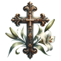 AI generated Cross with lily watercolor clipart for Easter png