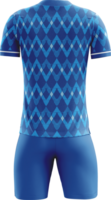 uma azul futebol uniforme com uma branco fundo Visão costas png