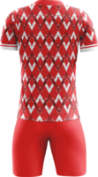 a soccer uniform with red and white geometric patterns back view png